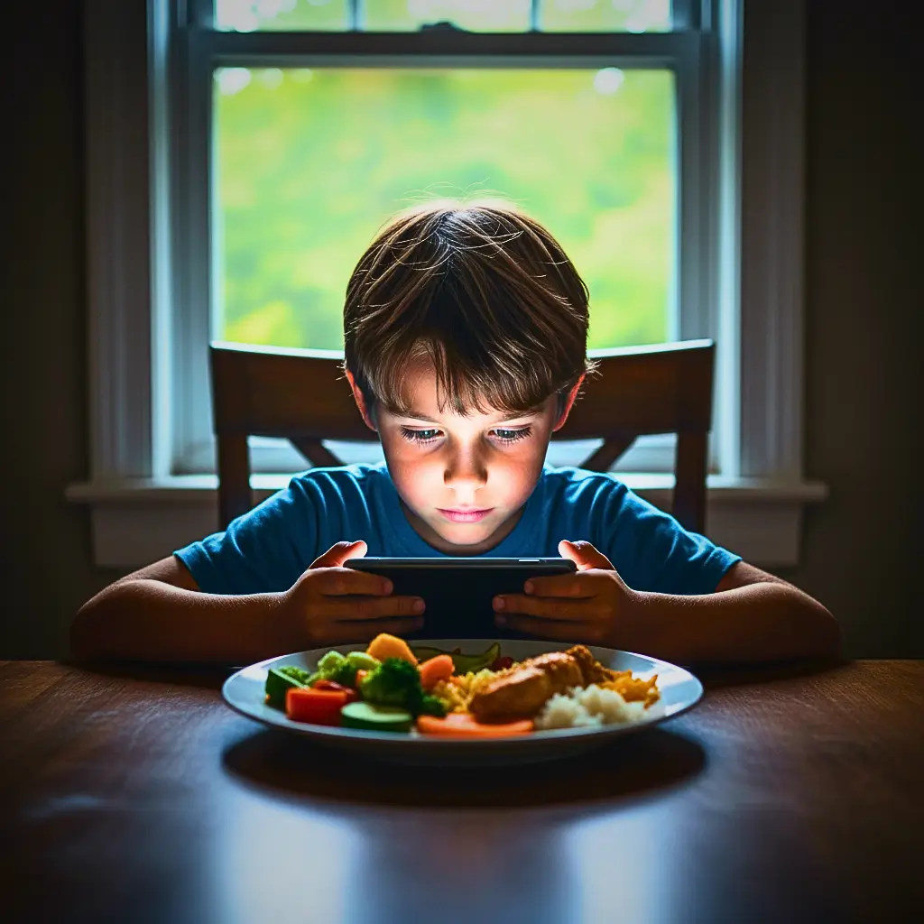 Criança com celular na mesa