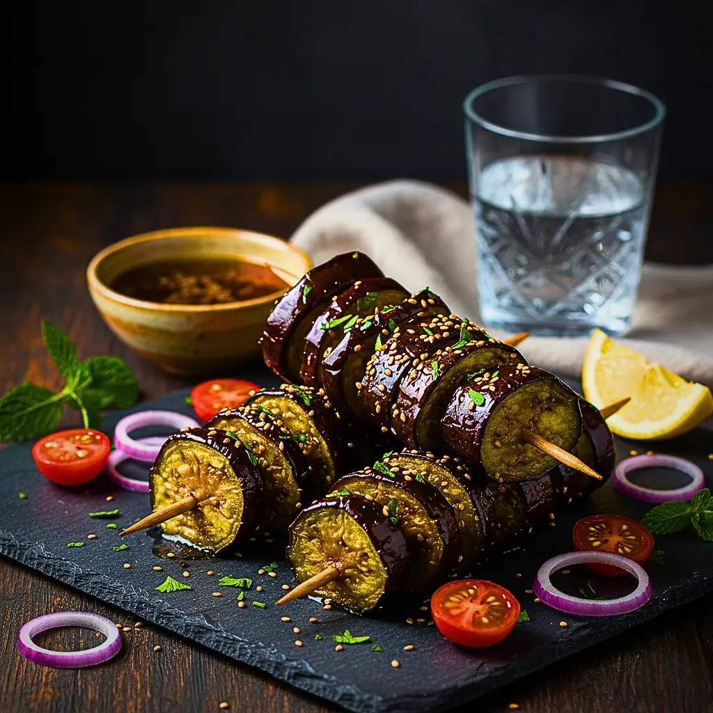 Tigela com espetinhos de berinjela veganos